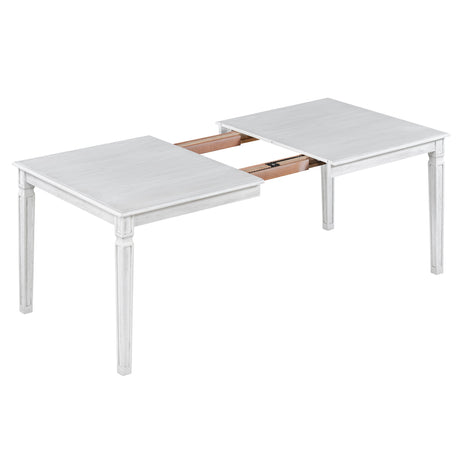 TREXM Vintage Extendable Dining Table Set for 6 with 4 Chairs & Bench, 59 to 72-Inch Rustic Farmhouse Kitchen Table Set with Distressed Finish and Retro Carved Legs (Washed White) - sold by Home Elegance USA