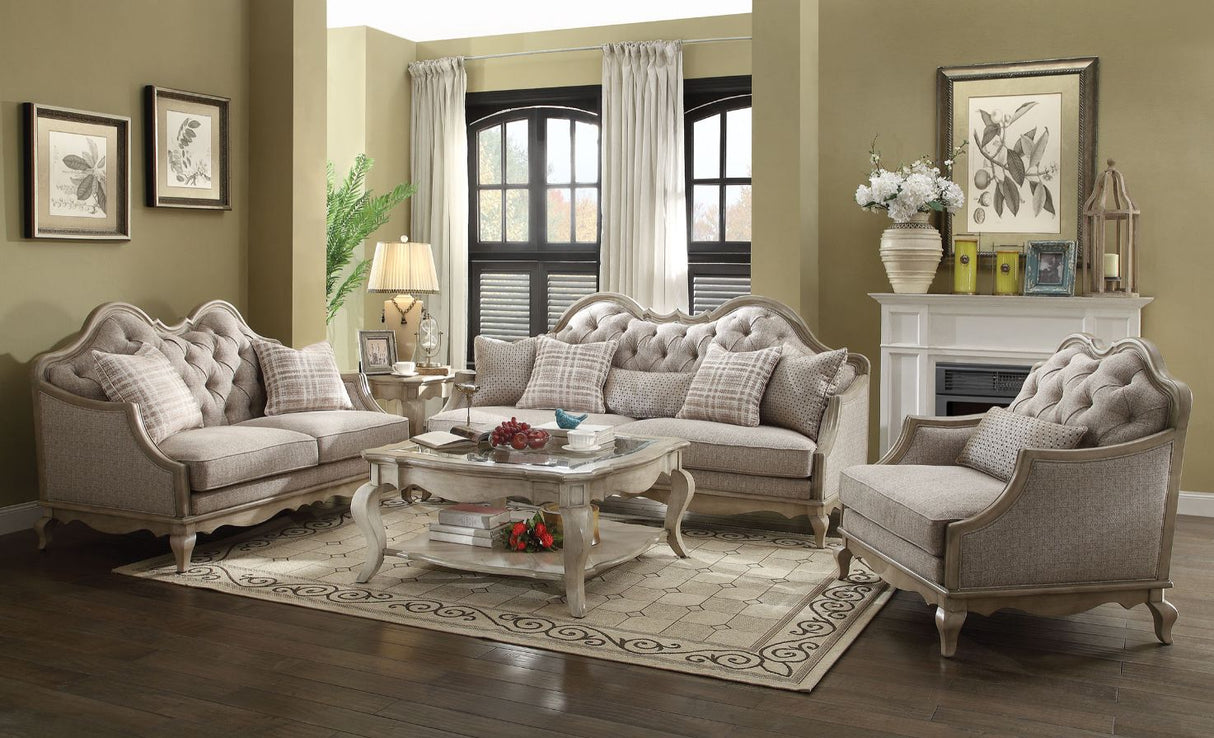 Acme - Chelmsford Sofa W/5 Pillows 56050 Beige Fabric & Antique Taupe Finish