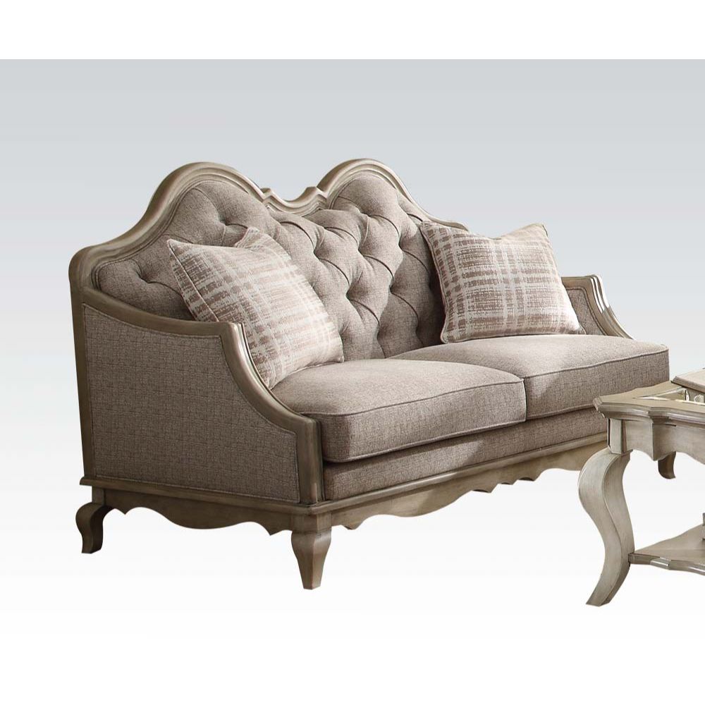 Acme - Chelmsford Loveseat W/2 Pillows 56051 Beige Fabric & Antique Taupe Finish