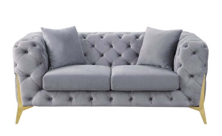 Acme - Jelanea Loveseat W/2 Pillows (Same As Lv01407) 56116 Gray Velvet & Gold Finish