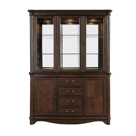 Wooden display cabinet with glass doors on a white background