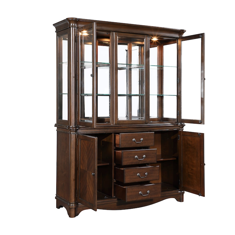 Wooden display cabinet with glass doors and drawers on a white background