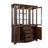 Wooden display cabinet with glass doors and drawers on a white background