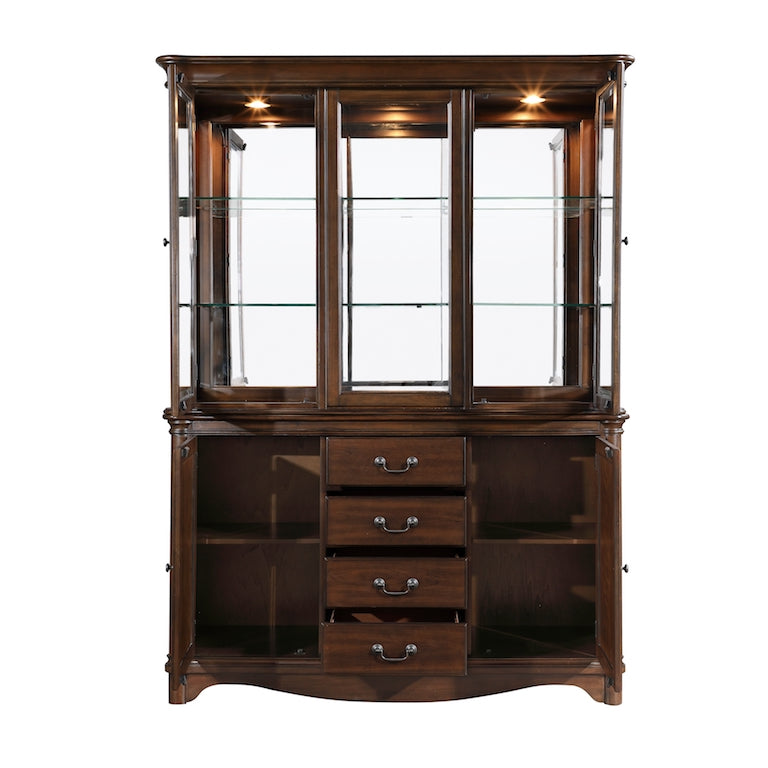 Wooden display cabinet with glass panels on a white background
