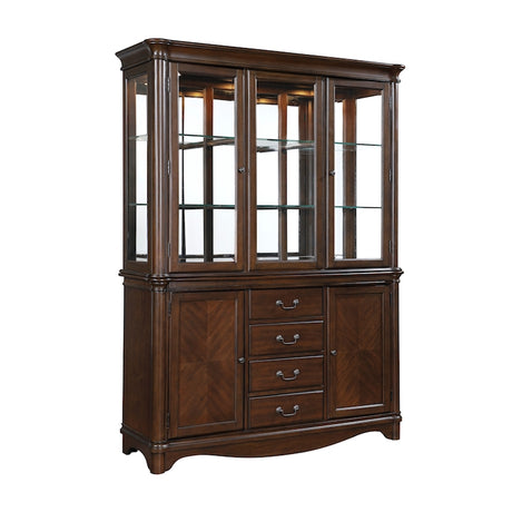 Wooden display cabinet with glass doors on a white background