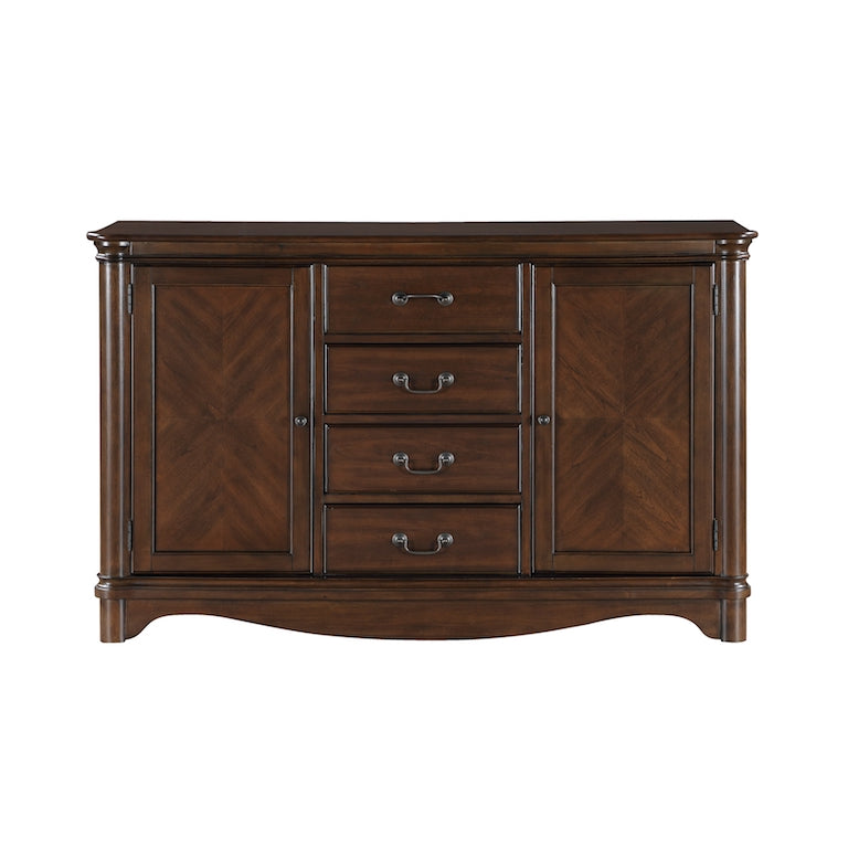 Wooden sideboard with three drawers and two doors on a white background