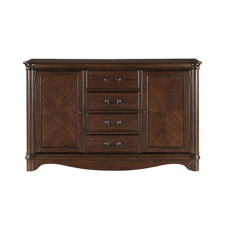 Wooden sideboard with three drawers and two doors on a white background