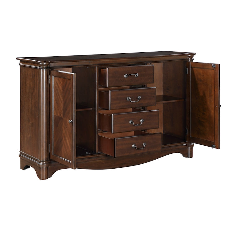 Wooden dresser with open doors and drawers on a white background