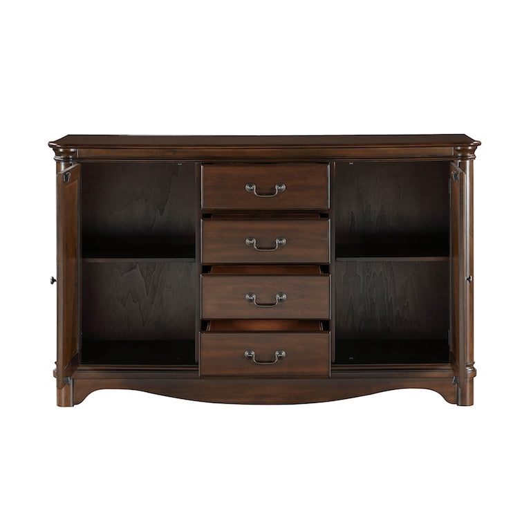 Wooden sideboard with drawers and open shelves on a white background