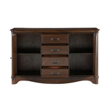 Wooden sideboard with drawers and open shelves on a white background