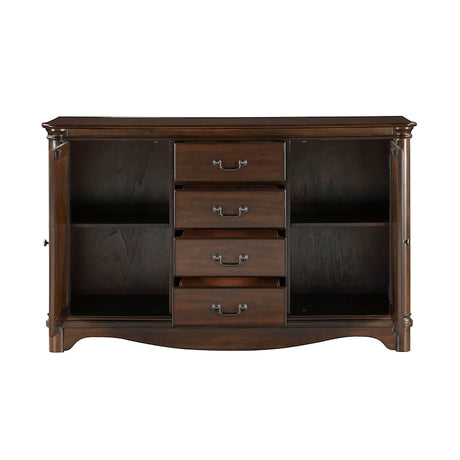 Wooden sideboard with drawers and open shelves on a white background