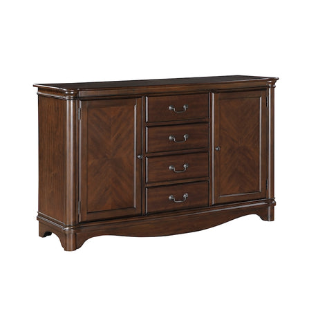 Wooden dresser with three drawers and two doors on a white background