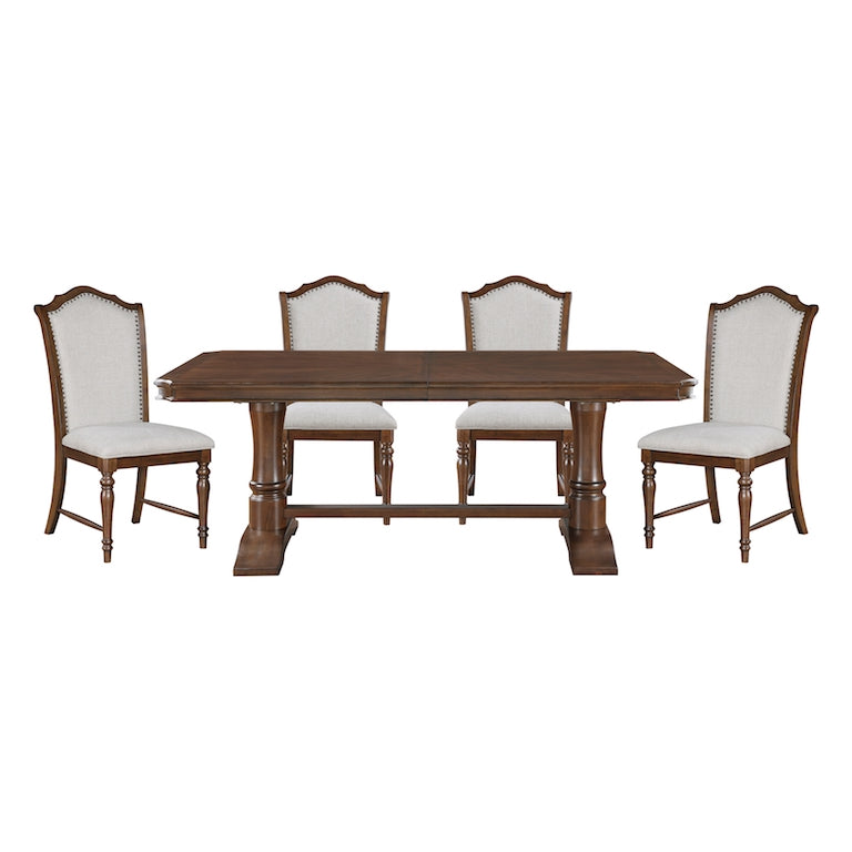 Dining table set with four chairs on a white background