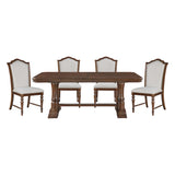 Dining table set with four chairs on a white background