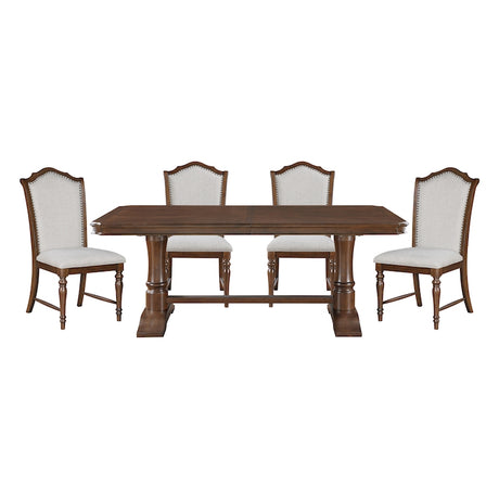 Dining table set with four chairs on a white background