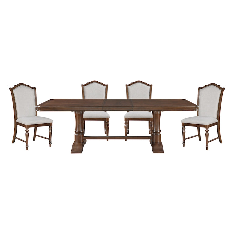 Dining table set with four chairs on a white background