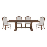 Dining table set with four chairs on a white background