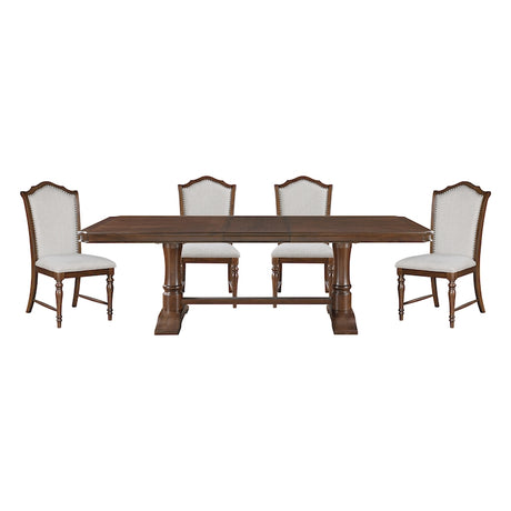 Dining table set with four chairs on a white background
