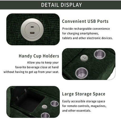 Chenille Upholstered 111' Sectional Sofa with Two Removable Ottomans, USB Ports, Cup Holders, and Storage, Green - sold by Home Elegance USA