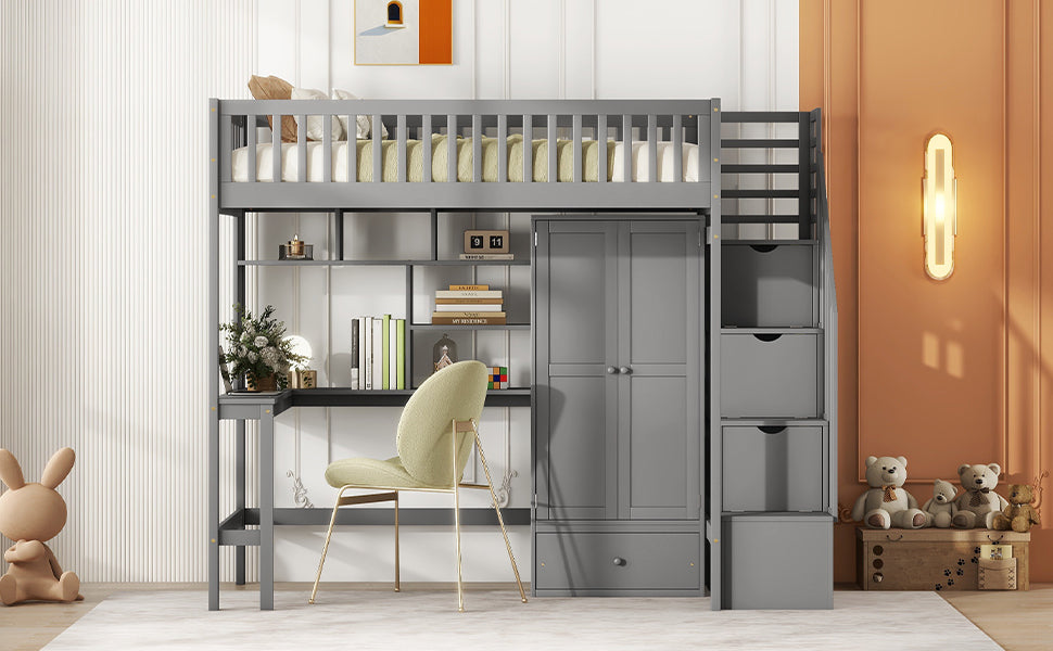 Twin size Loft Bed with Bookshelf,Drawers,Desk,and Wardrobe-Gray - Home Elegance USA