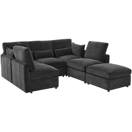 Modern Modular Sofa 85.4' U-shaped Sofa Bed with Movable Ottoman, USB Ports, Phone Holder, Black Chenille - sold by Home Elegance USA