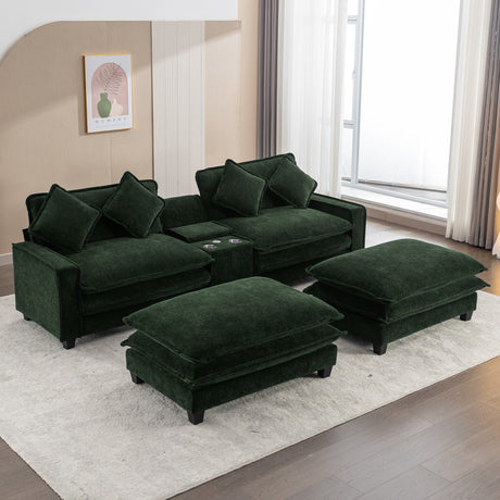 Chenille Upholstered 111' Sectional Sofa with Two Removable Ottomans, USB Ports, Cup Holders, and Storage, Green - sold by Home Elegance USA