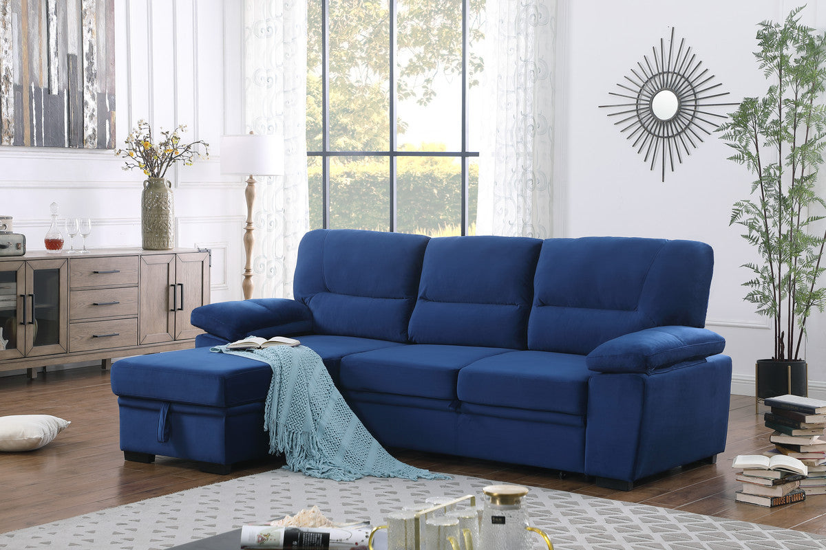 Kipling Blue Velvet Fabric Reversible Sleeper Sectional Sofa Chaise - Home Elegance USA