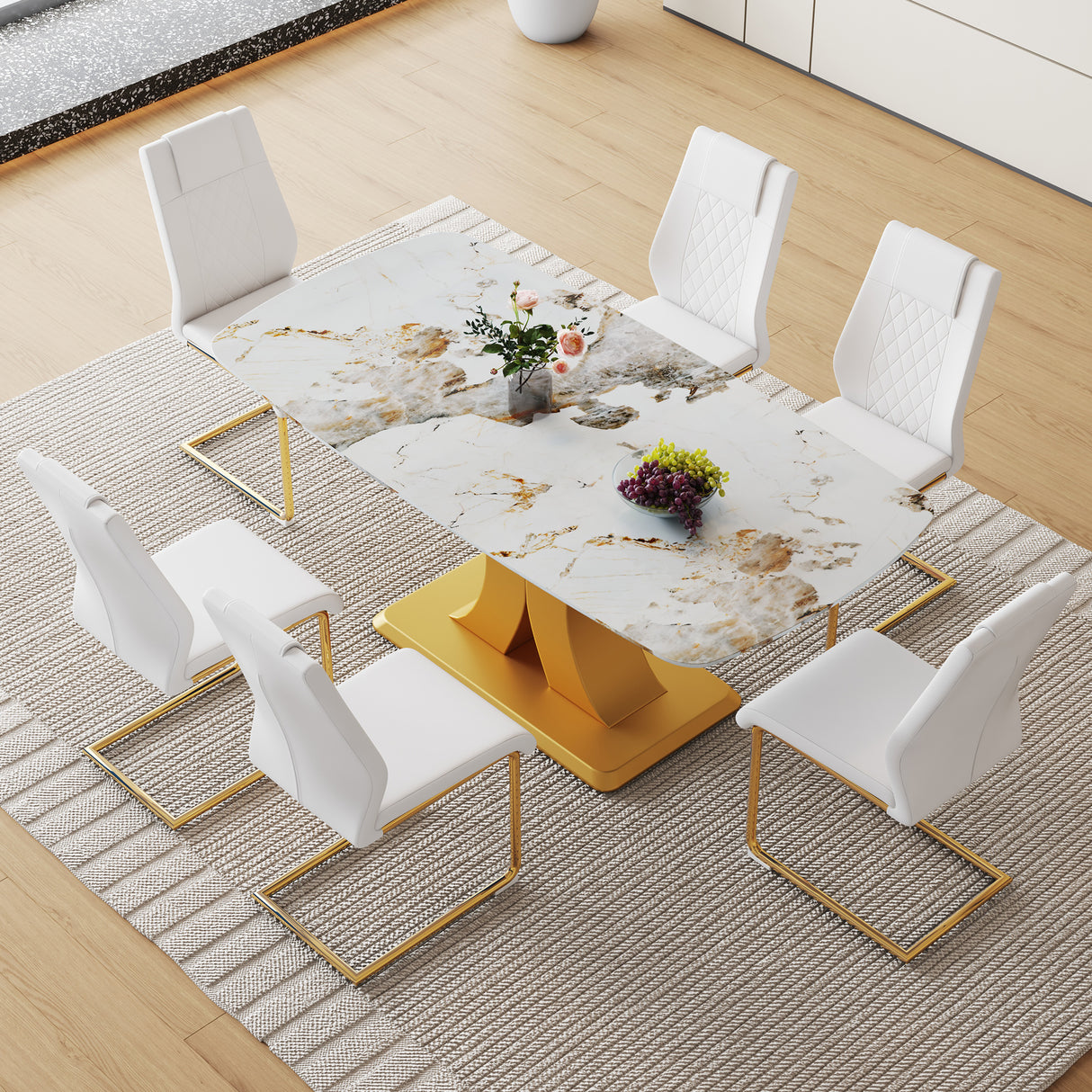 Table and chair set.71'x35.4'x30' Luxurious Pandora Patterned Glass Dining Tabletop with Golden Back To Back C-Shaped MDF Legs.Paried With 6 White High-quality PU Chairs With Arched Metal Legs.
