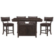 Dark wood dining set with a table and four chairs on a white background