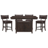 Dark wood dining set with a table and four chairs on a white background