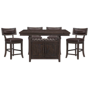 Dark wood dining set with a table and four chairs on a white background