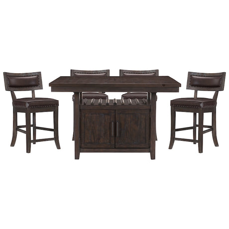Dark wood dining set with a table and four chairs on a white background