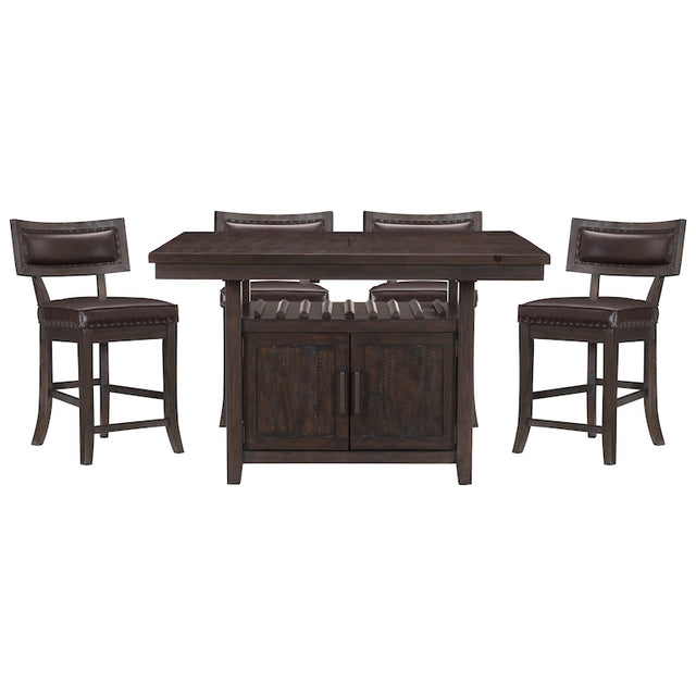 Dark wood dining set with a table and four chairs on a white background