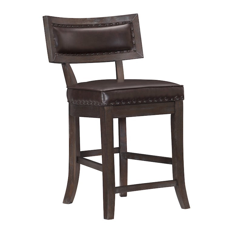 Brown leather bar stool with wooden frame on a white background