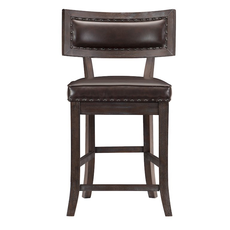 Brown leather bar stool with wooden frame on a white background