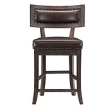 Brown leather bar stool with wooden frame on a white background