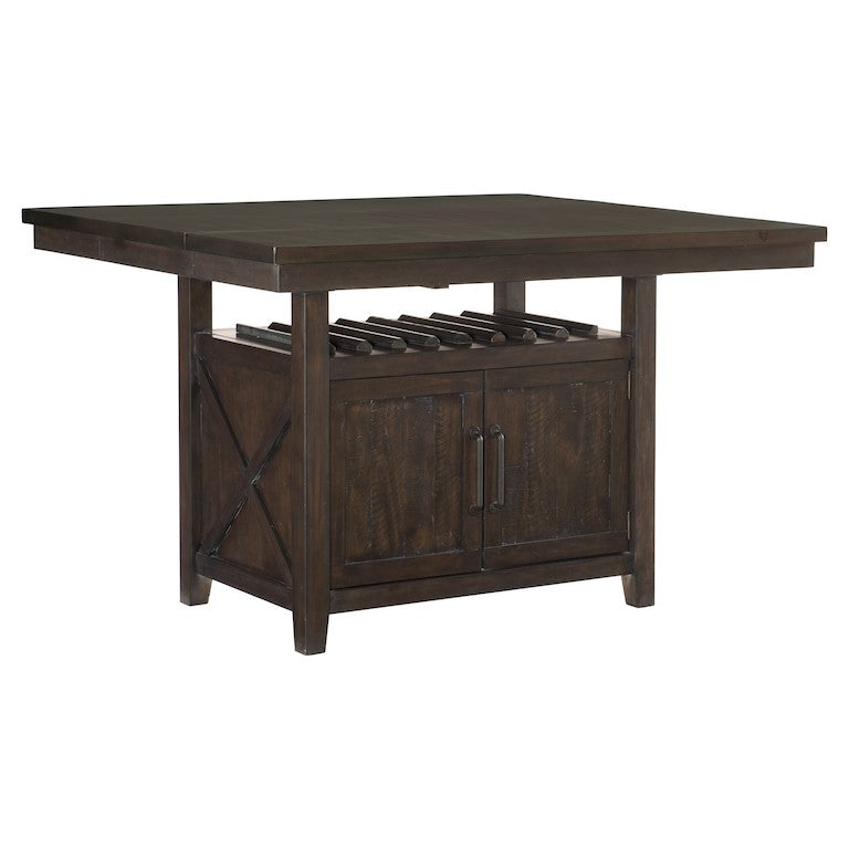 Dark wood kitchen island with storage cabinet on a white background