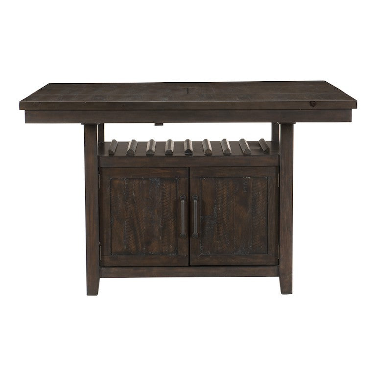 Dark wooden kitchen island with storage cabinets on a white background
