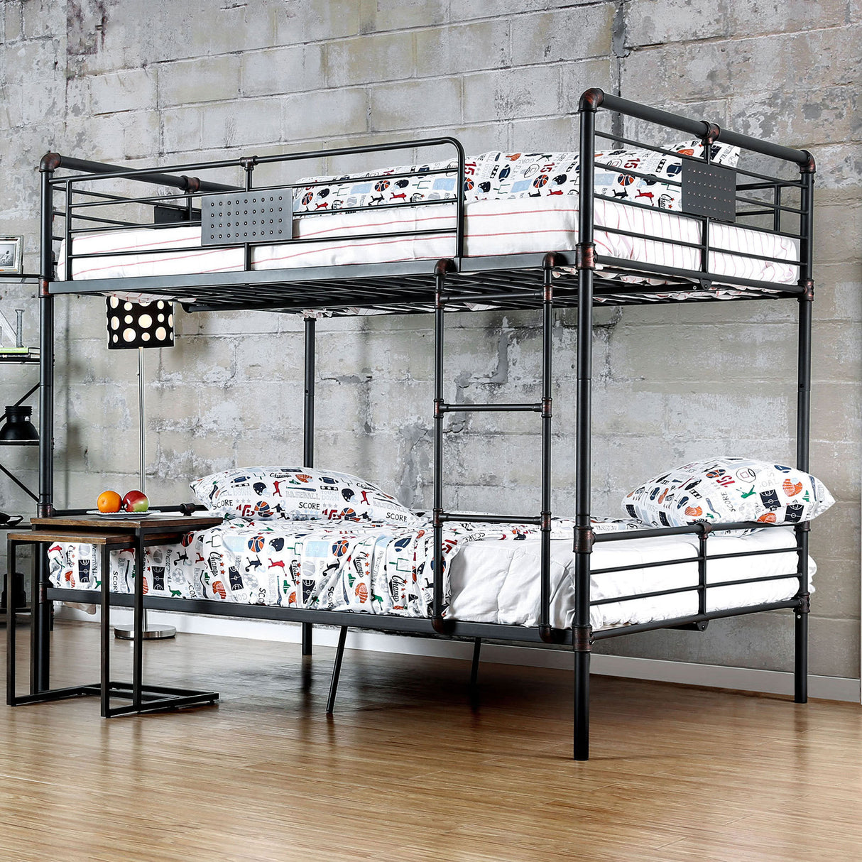 Full Over Full Industrial Style Metal Bunk Bed With Attached Ladder Upper Guard Rails Pipe Structure Antique Black