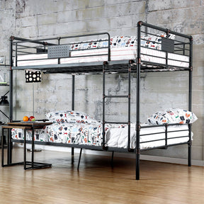 Full Over Full Industrial Style Metal Bunk Bed With Attached Ladder Upper Guard Rails Pipe Structure Antique Black