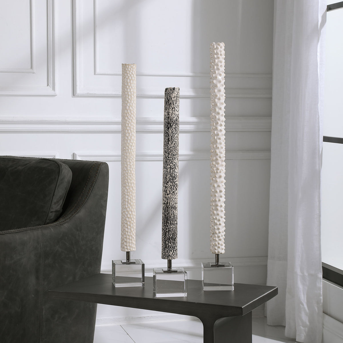 Makira Cylindrical Sculptures (Set of 3) - Silver / White by Uttermost - View 2