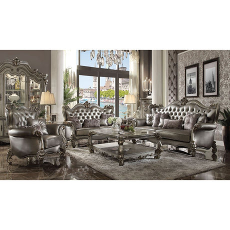 Acme - Versailles Loveseat W/4 Pillows 56821 Silver Synthetic Leather & Antique Platinum Finish