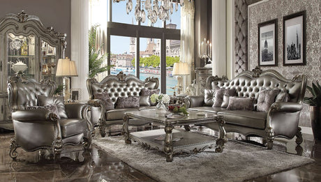 Acme - Versailles Sofa W/6 Pillows 56820 Silver Synthetic Leather & Antique Platinum Finish