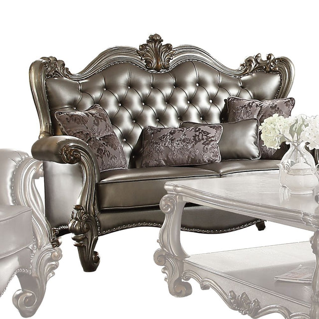 Acme - Versailles Loveseat W/4 Pillows 56821 Silver Synthetic Leather & Antique Platinum Finish