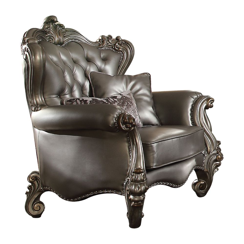 Acme - Versailles Chair W/2 Pillows 56822 Silver Synthetic Leather & Antique Platinum Finish