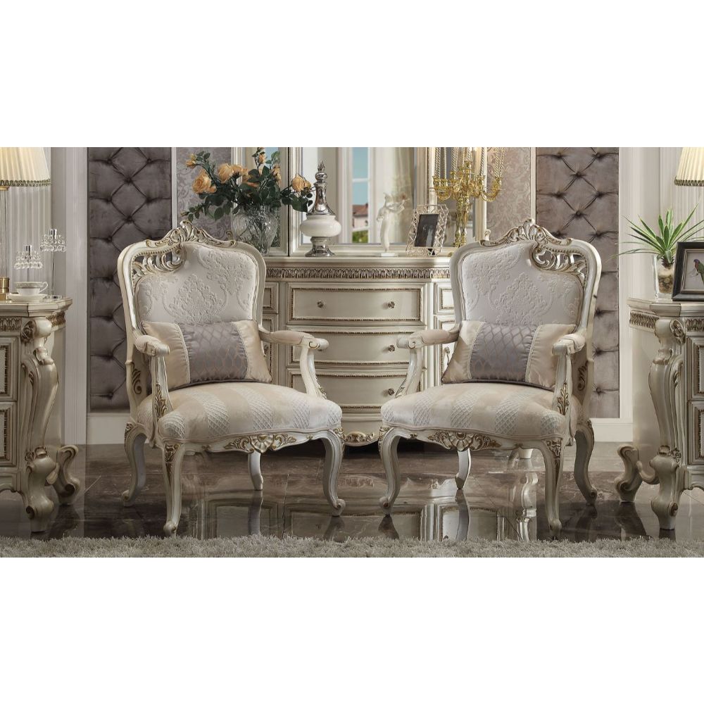 Acme - Picardy Chair W/Pillow (Lf Leaf) 56883 Fabric & Antique Pearl Finish