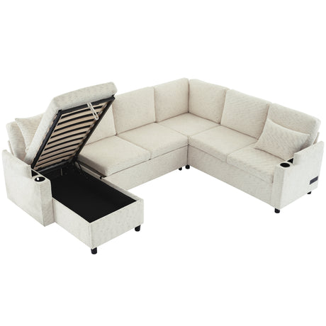 Convertible U-Shaped Sofa Bed with Storage, Cup Holders and Charging Ports, Beige Chenille, 109.9' - sold by Home Elegance USA