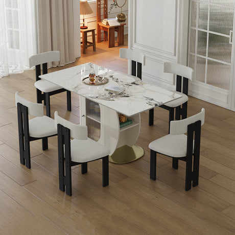 63' Modern 4-6 Person Dining Table Set with Storage in Burnt Stone Top & Gold Solid Wood Base, Includes 6 White Velvet Chairs for Kitchen, Apartment - sold by Home Elegance USA