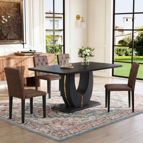 Black Wood Grain Dining Table Set for 4 people, 63' Modern MDF Dining Room Table Set .Paired with 4 Brown Suede Fabric chairs with decorative buckle design on the backrest.For Dining Room,Kitchen,etc. - sold by Home Elegance USA