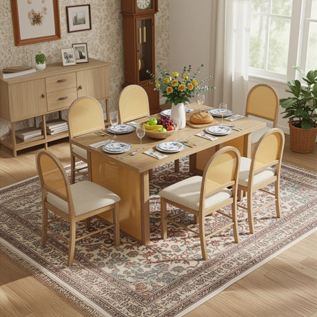 TREXM 7-Piece Farmhouse Dining Table Set for 6 - 59.8' Rectangular Dining Table with Distressed Oak Veneer and 6 Rattan Chairs, Rustic Kitchen Furniture for Dining Room(Natural) - sold by Home Elegance USA